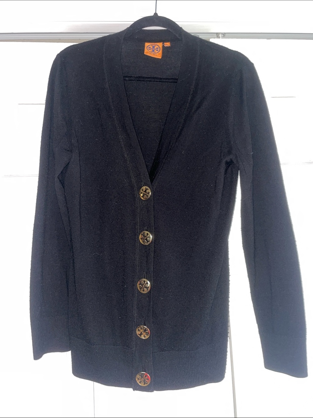 Tory Burch Black Button-Front V-Neck Cardigan with Logo Buttons